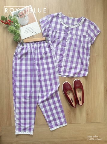 Ngố kate viền ren xinh, karo tím