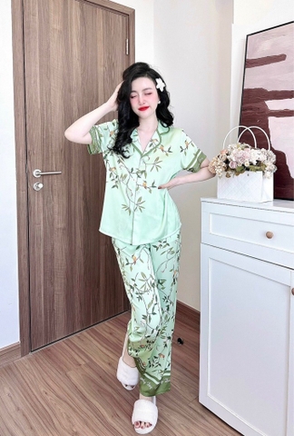 Pijama QDTN lụa latin xanh hoa chim