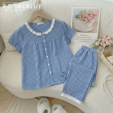 Bộ dài coton viền ren xinh, karo xanh bích