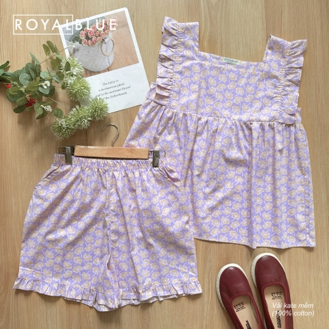 Đùi cánh tiên cổ vuông coton, hoa tím