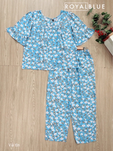 Bộ dài tay lỡ tôn hoa xanh trắng