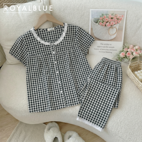 Bộ dài coton viền ren xinh, karo đen