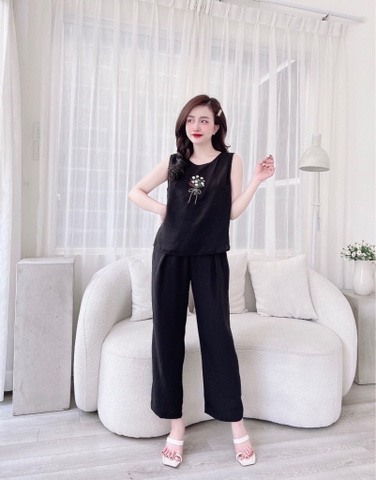 Bộ ngố lđũi thêu hoa đen