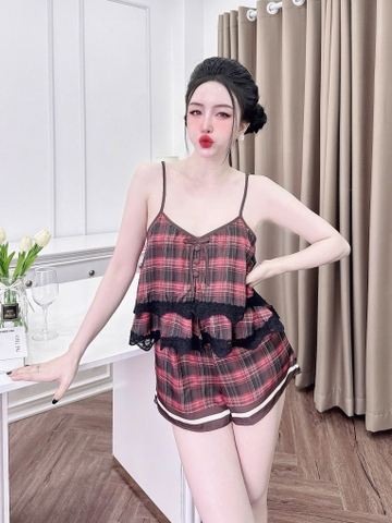 Bộ đùi 2 dây phối ren latin xinh, đỏ đậm