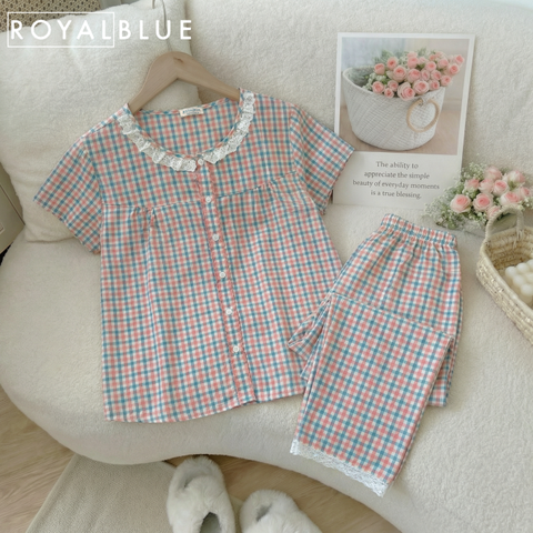 Bộ dài coton viền ren xinh, đỏ xanh