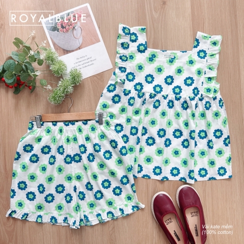 Đùi cánh tiên cổ vuông coton, hoa xanh