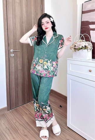 Pijama QDTN lụa latin xanh lá hoa