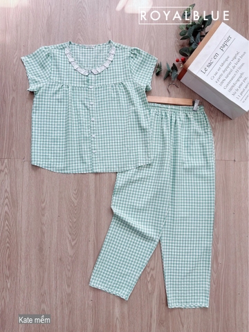 Ngố kate phối ren karo xanh lá lợt