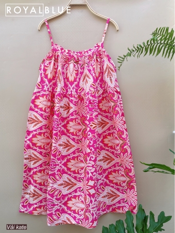 Đầm 2 dây kate, hồng hoa văn