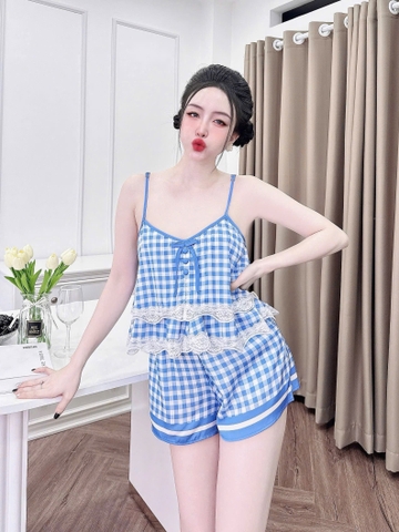 Bộ đùi 2 dây phối ren latin xinh, xanh bích