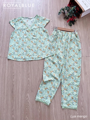 Bộ ngố cổ tim phối ren hoa nhí xanh