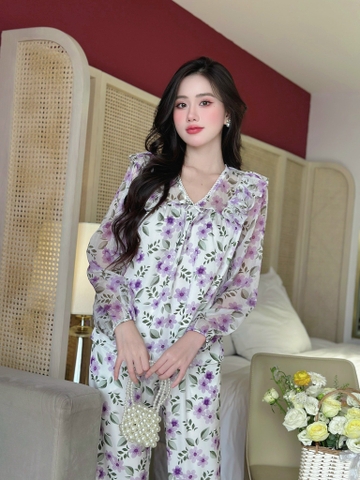 Bộ dài lụa phối tiểu thư hoa tím trắng