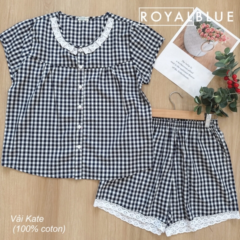 Bộ đùi kate cổ ren xinh, karo xanh đen