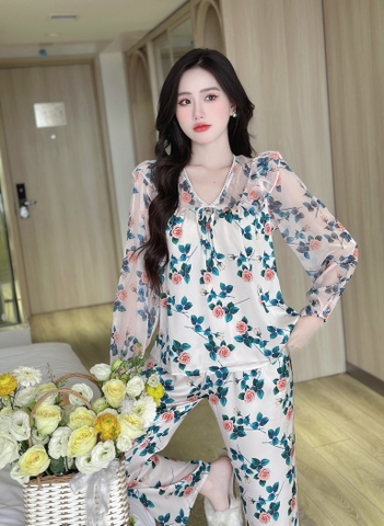 Bộ dài lụa phối tiểu thư hoa hồng búp