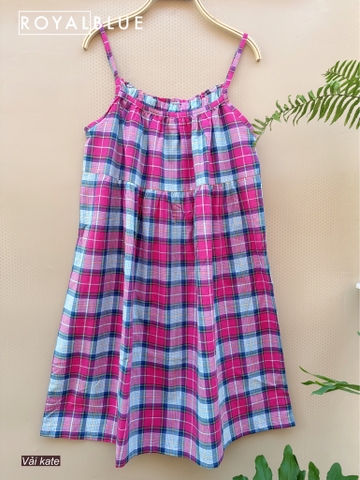 Đầm 2 dây kate, karo hồng