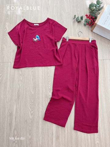 Ngố đũi thêu họa mi màu đỏ đô xinh xắn