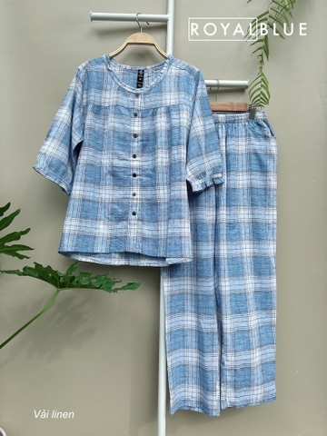 Bộ dài tay lỡ viền cổ xinh, karo xanh