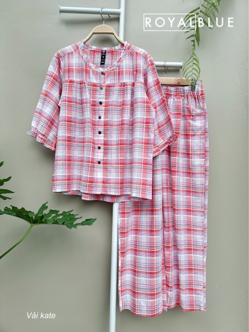Bộ dài tay lỡ viền cổ xinh, karo đỏ linen