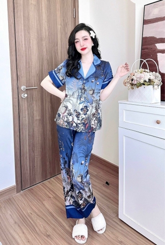 Pijama QDTN lụa latin xanh hoa chim