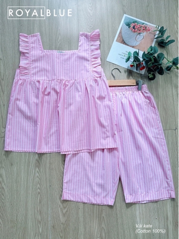 Lửng kate tay cánh tiên cổ vuông, sọc hồng trắng