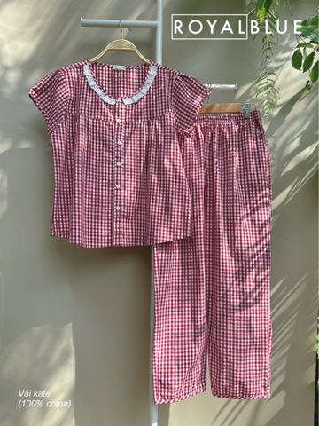 Ngố kate viền ren, karo đỏ sậm