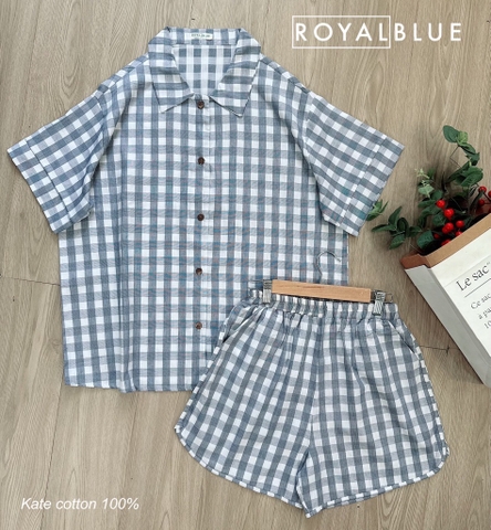 Bộ đùi pijama chất kate mềm phong cách oversize, karo xanh đậm xinh