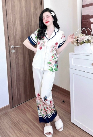 Pijama QDTN lụa latin vàng kem hoa bướm