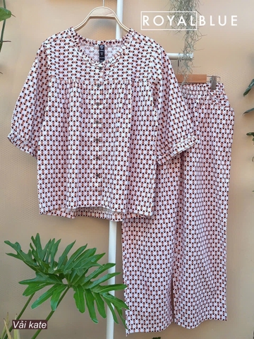 Bộ dài tay lỡ viền cổ xinh, hoạ tiết trắng cam