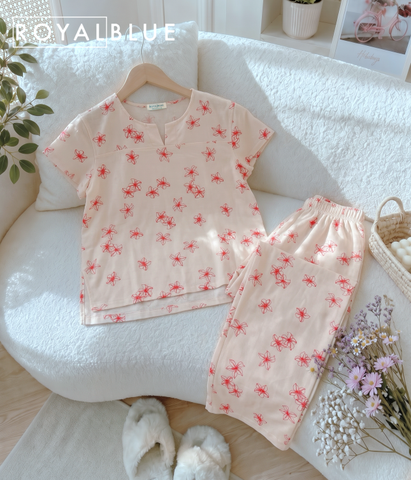Set linen cổ xẻ mặc nhà, hồng hoa đỏ