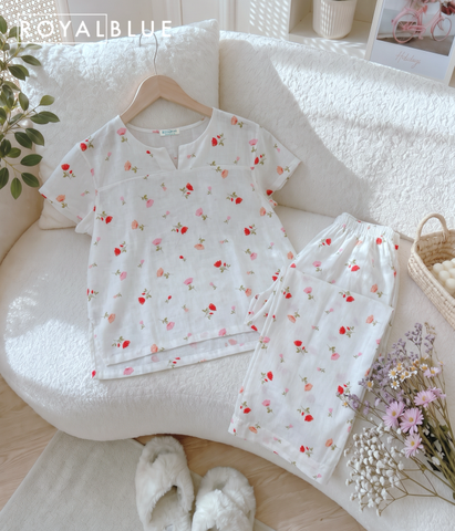 Set linen cổ xẻ mặc nhà, trắng hoa