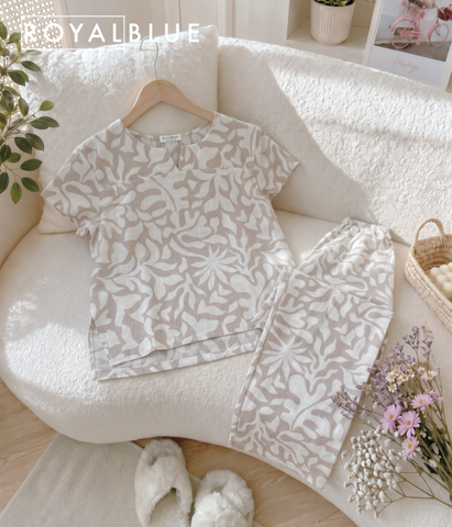 Set linen cổ xẻ mặc nhà, xám trắng
