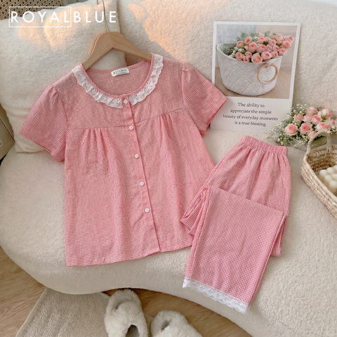 Bộ dài cotton viền ren xinh, karo cam dâu