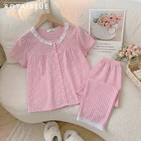 Bộ dài cotton viền ren xinh, karo hồng