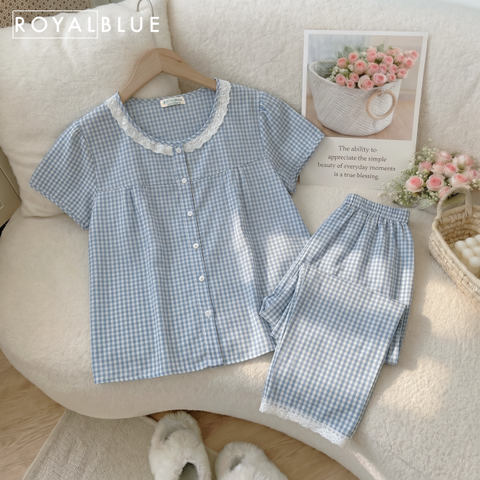 Bộ dài cotton viền ren xinh, xanh biển