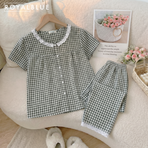 Bộ dài cotton viền ren xinh, karo rêu đen