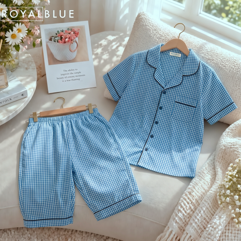 Lửng pijama karo chất cotton mềm, xanh dương