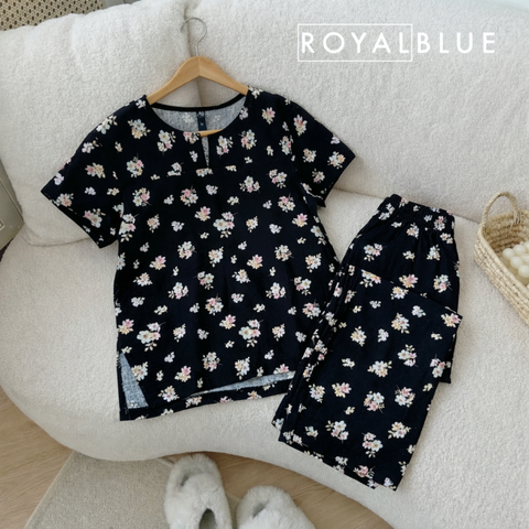 Bộ dài linen cổ xẻ V, nhí xanh đen