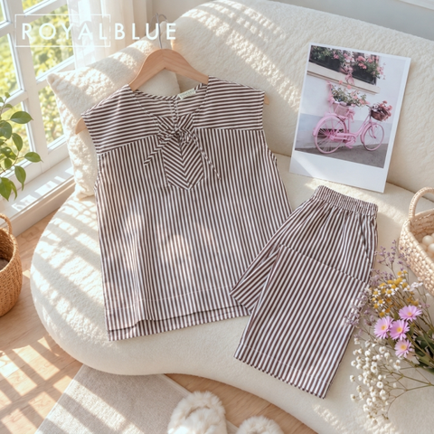 Dài sọc kẽ cotton thắt nơ, sọc nâu