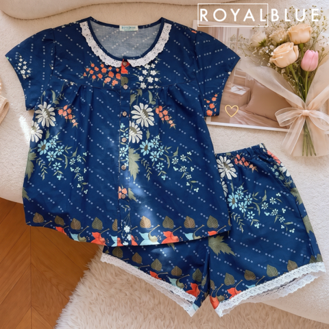 Đùi cổ ren nút gỗ cotton , hoa xanh