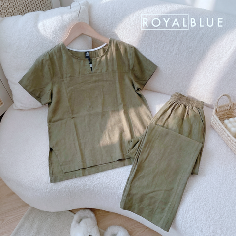 Bộ dài linen cổ xẻ V phong cách, xanh rêu