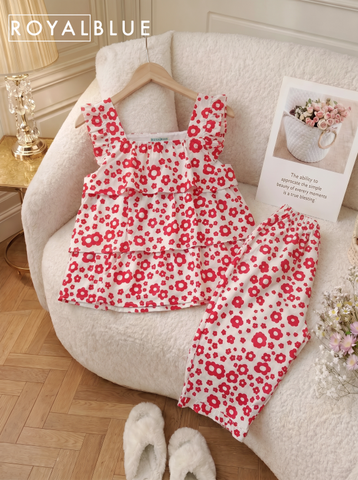 Bộ lỡ sát tay cotton bèo tầng xinh,hoa đỏ