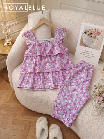 Bộ lỡ sát tay cotton bèo tầng xinh, tím hoa