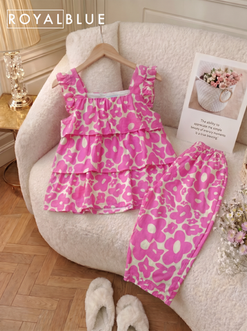 Bộ lỡ sát tay cotton bèo tầng xinh, hoa hồng be