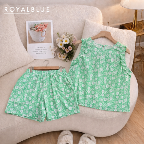 Đùi sát nách nẹp bèo cotton, xanh hoa