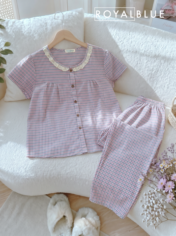 Dài viền ren cotton, karo hồng xám