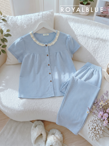 Dài viền ren cotton, karo xanh biển