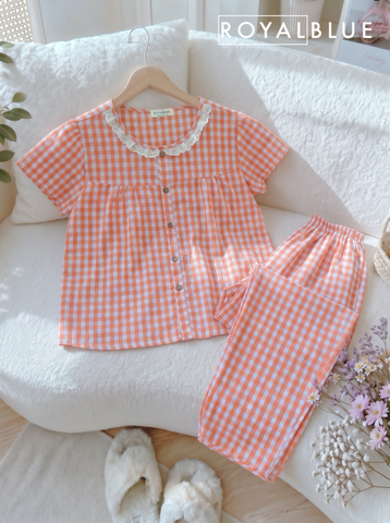 Dài viền ren cotton, karo cam