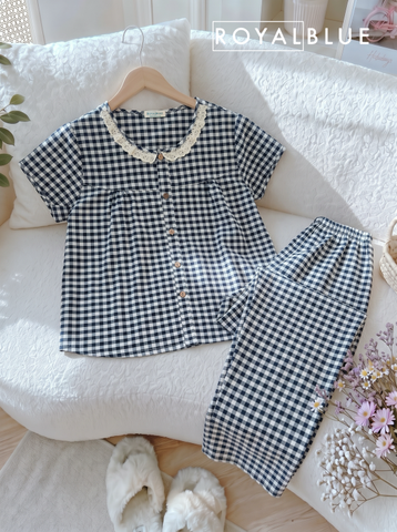 Dài viền ren cotton, karo xanh đen