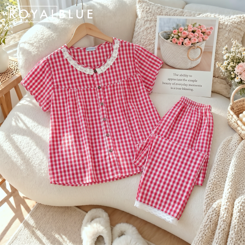 Dài cổ ren cotton, karo đỏ