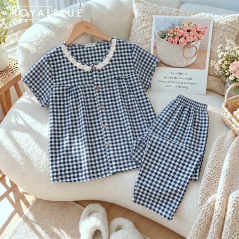 Dài cổ ren cotton, karo đen